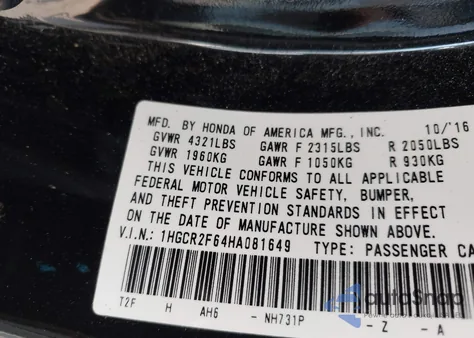 2017 Honda Accord Sport z USA, uszkodzony, nr VIN 1HGCR2F64HA081649